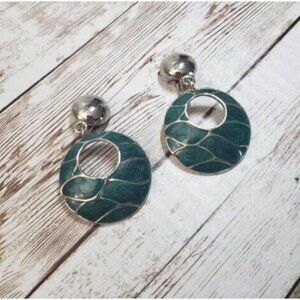 Vintage Clip On Earrings - Large 2 & 1/8" Green & Silver Tone Dangle
